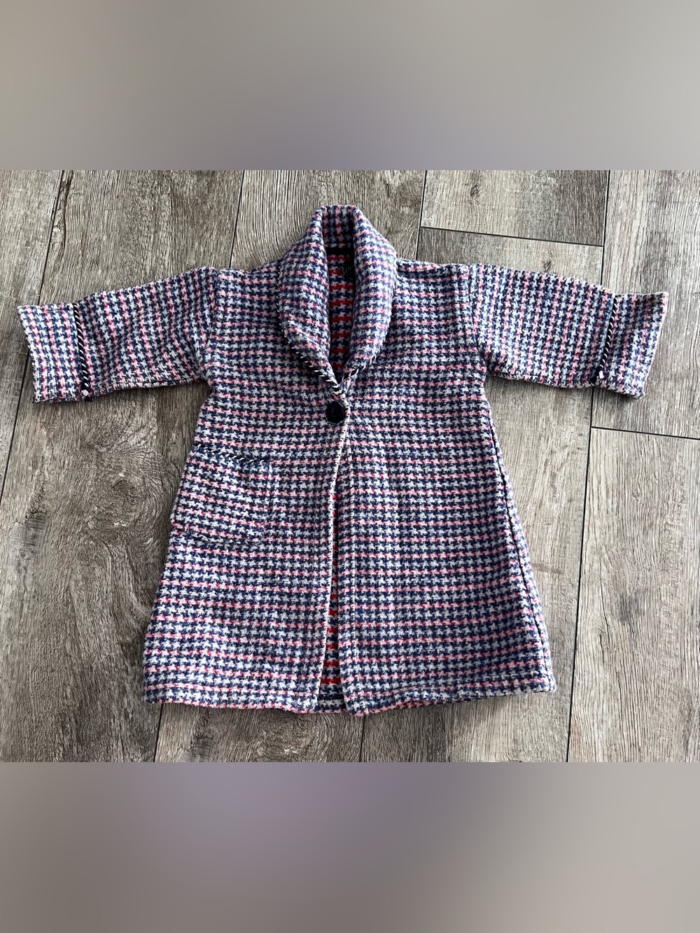 Vintage Handmade Beacon Fabric Kids Houndstooth Coat Red Blue White Shawl Collar